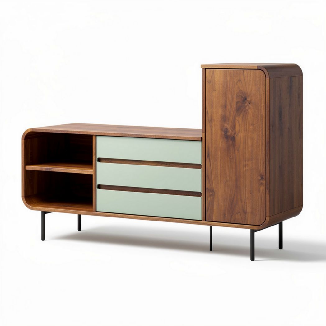 Modern wooden sideboard with green accents and storage compartments 150 x 45 x 70cm