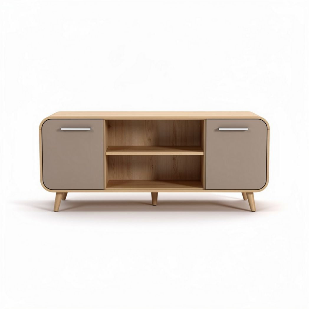 Modern wood cabinet with two doors and open shelving for storage 120 x 40 x 50cm