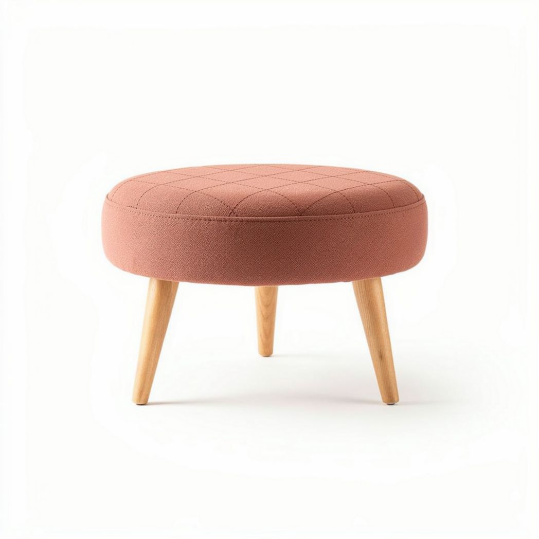 Fabric upholstered round ottoman with wooden legs in pink 40 x 40 x 30cm
