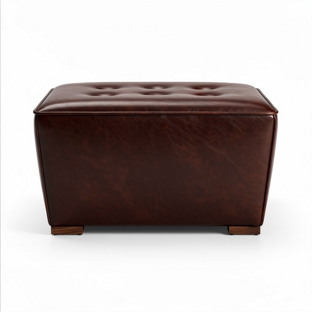 Brown leather storage ottoman with tufted top and wooden legs 75 x 45 x 40cm