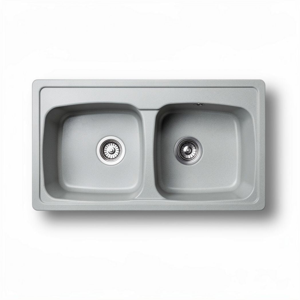 Double bowl kitchen sink made of durable composite material 80 x 40 x 20cm in gray