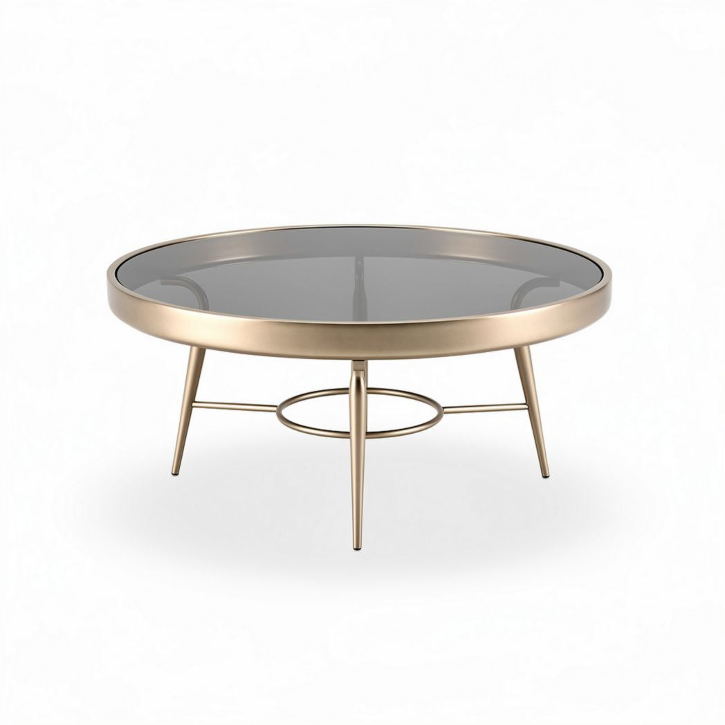 Round coffee table with black glass top and gold metal legs 90 x 90 x 40cm
