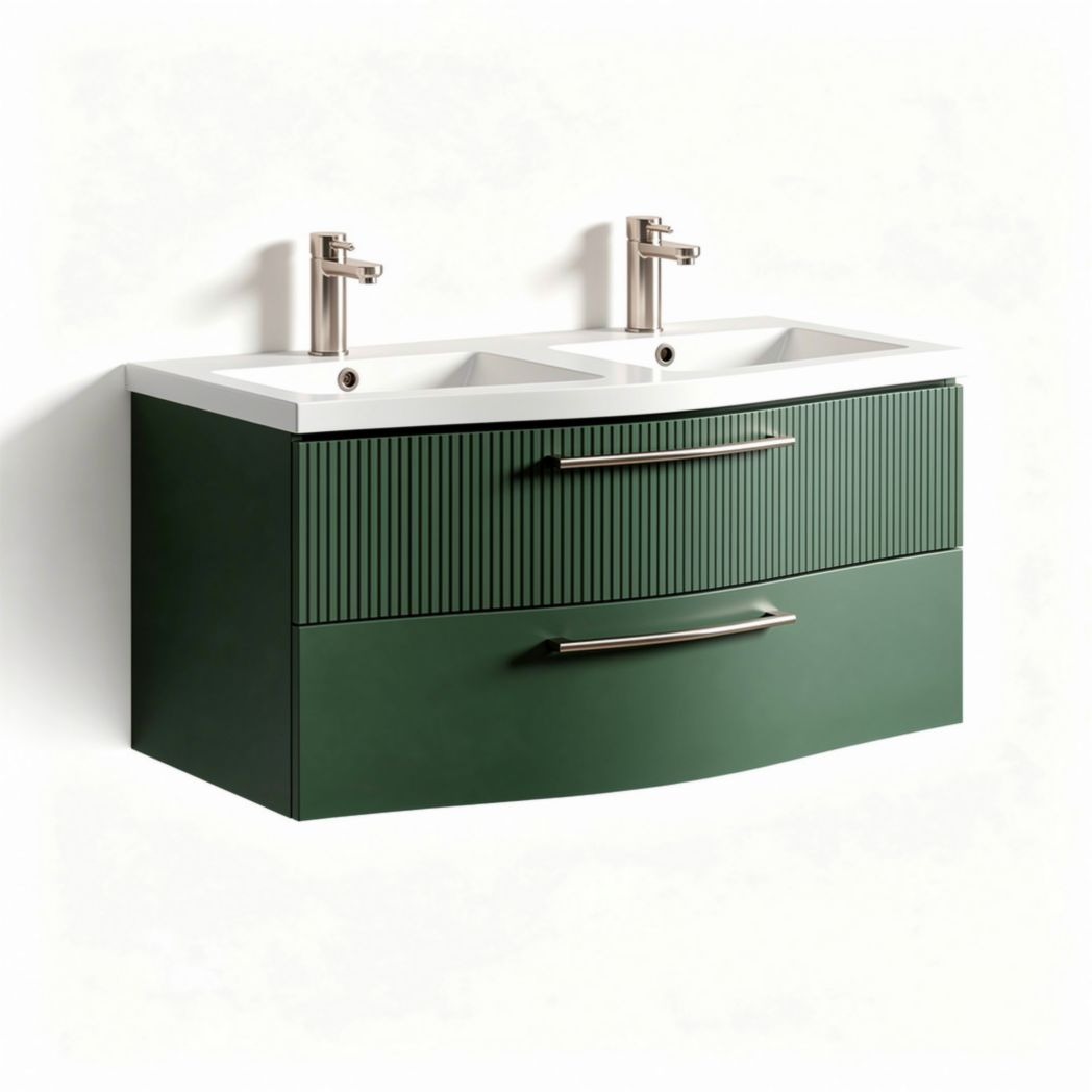 Double sink bathroom vanity in green with ribbed front design 80 x 50 x 40cm