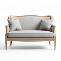 Gray upholstered loveseat with wooden frame and decorative cushions 150 x 75 x 85cm