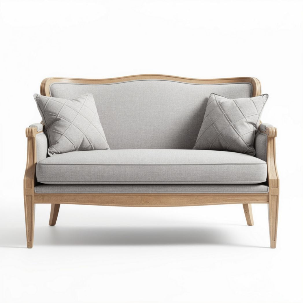 Gray upholstered loveseat with wooden frame and decorative cushions 150 x 75 x 85cm