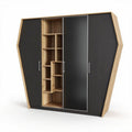 Hexagonal wooden storage cabinet with black finish and open shelving 150 x 100 x 200cm