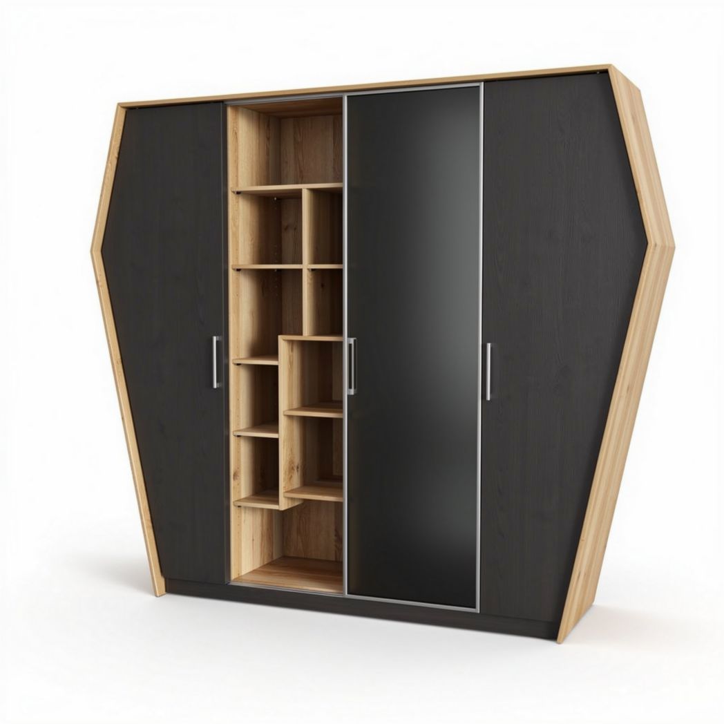 Hexagonal wooden storage cabinet with black finish and open shelving 150 x 100 x 200cm