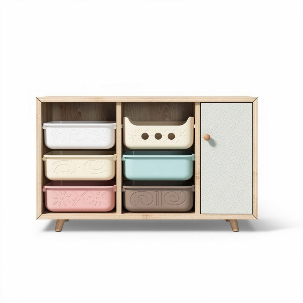 Wooden storage cabinet with multiple colored bins and side door 80 x 30 x 60cm
